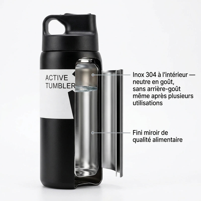 Vue intérieure de la gourde Active Tumbler en acier inoxydable Inox 304 de qualité alimentaire.