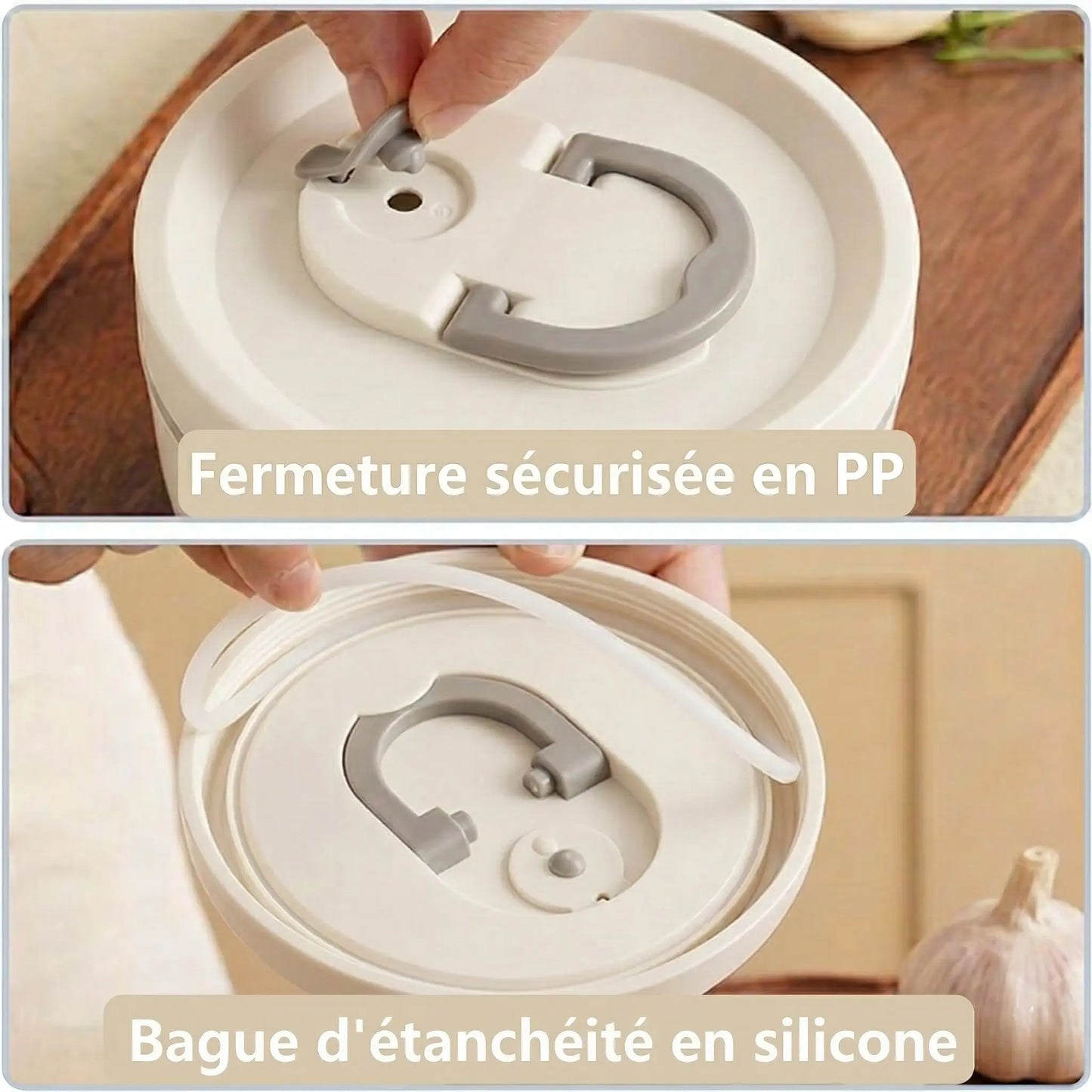 Gros plan en deux parties sur le couvercle de la lunch box thermos beige aux accents gris : fermeture sécurisée en PP déverrouillée à la main (haut) et bague d'étanchéité en silicone visible sous le couvercle (bas)