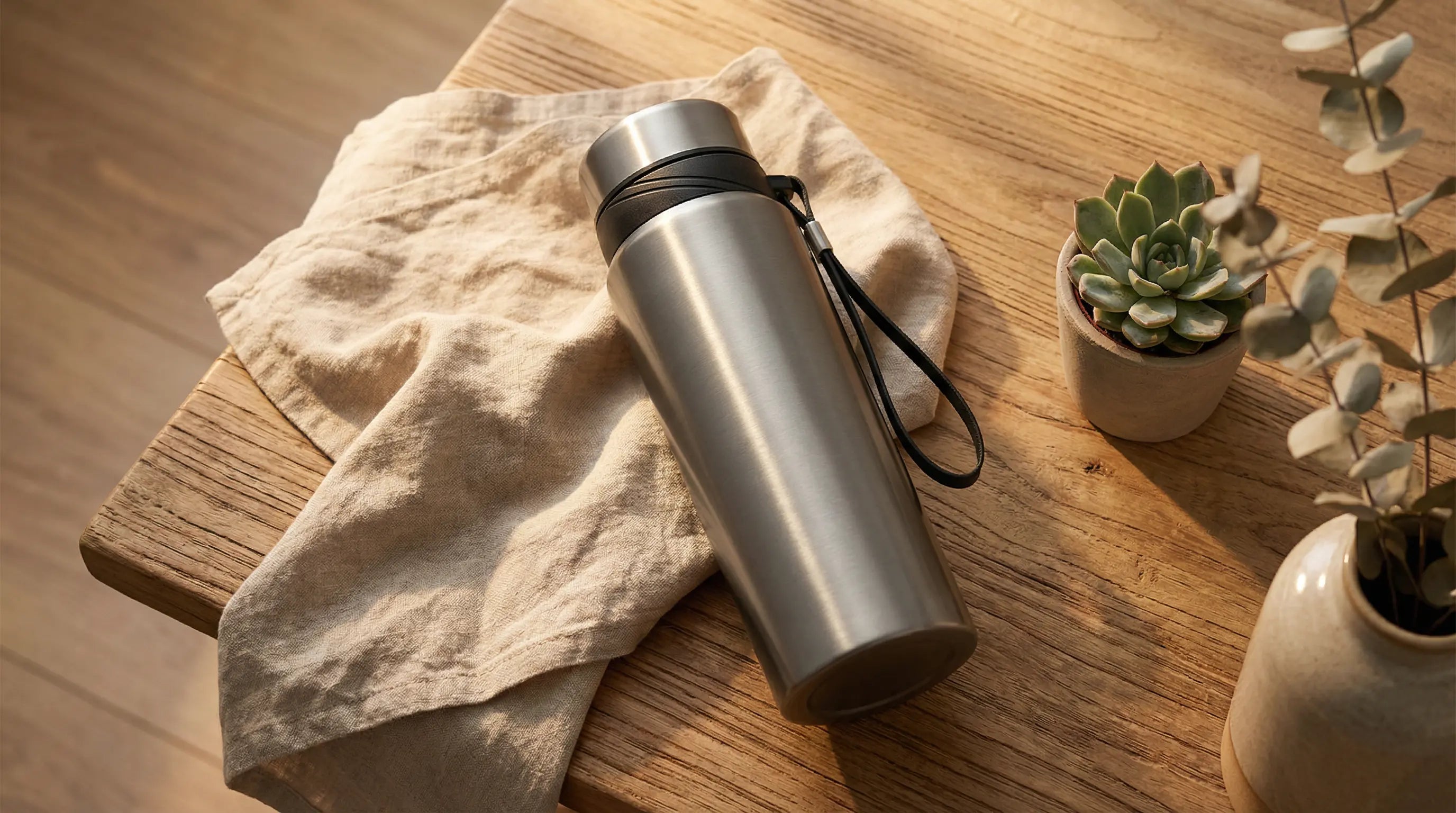 Bouteille thermos 1l gris posée sur une table en bois avec une serviette en lin