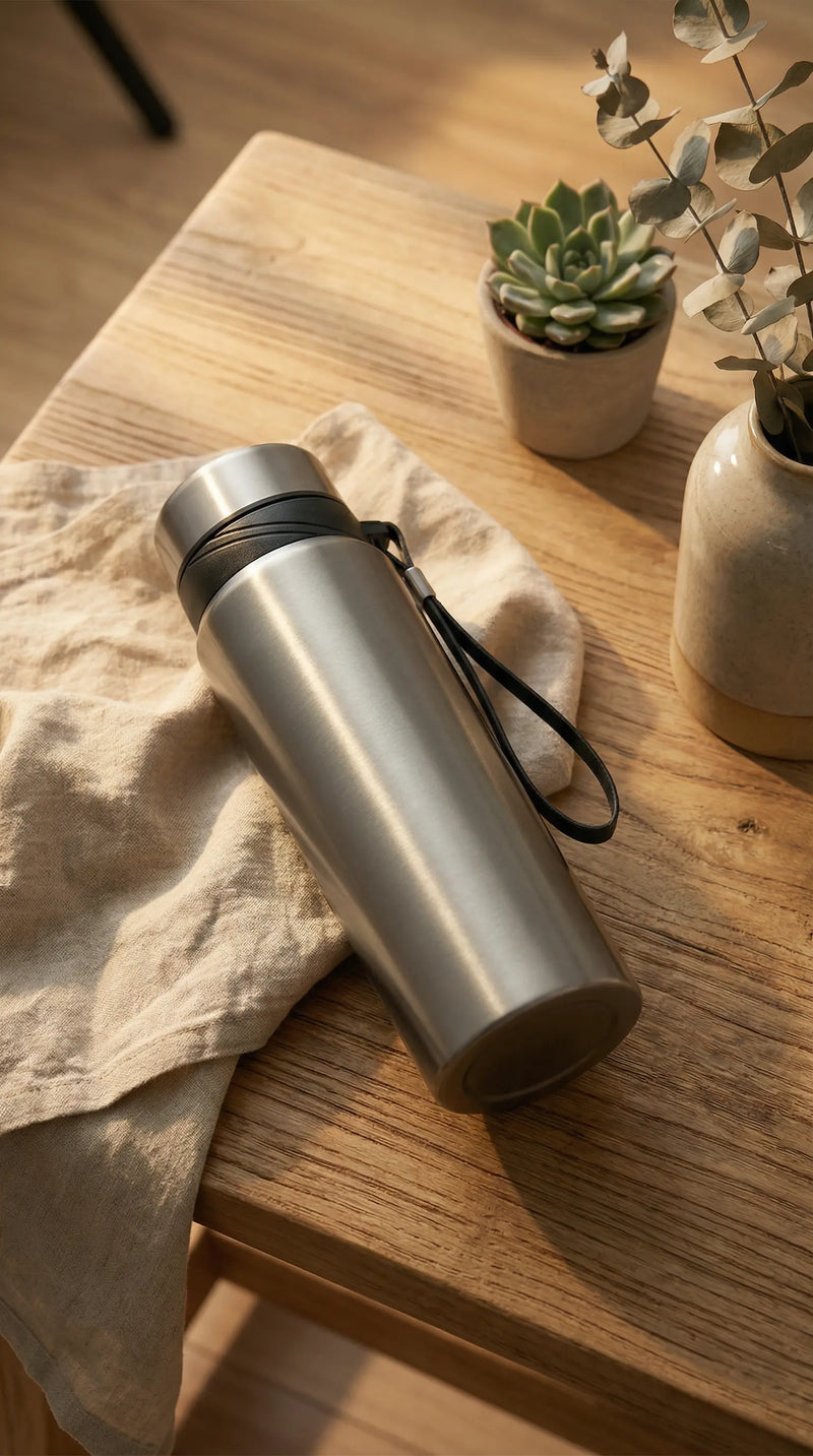 Bouteille thermos 1l gris sur table en bois avec serviette en lin et plante verte