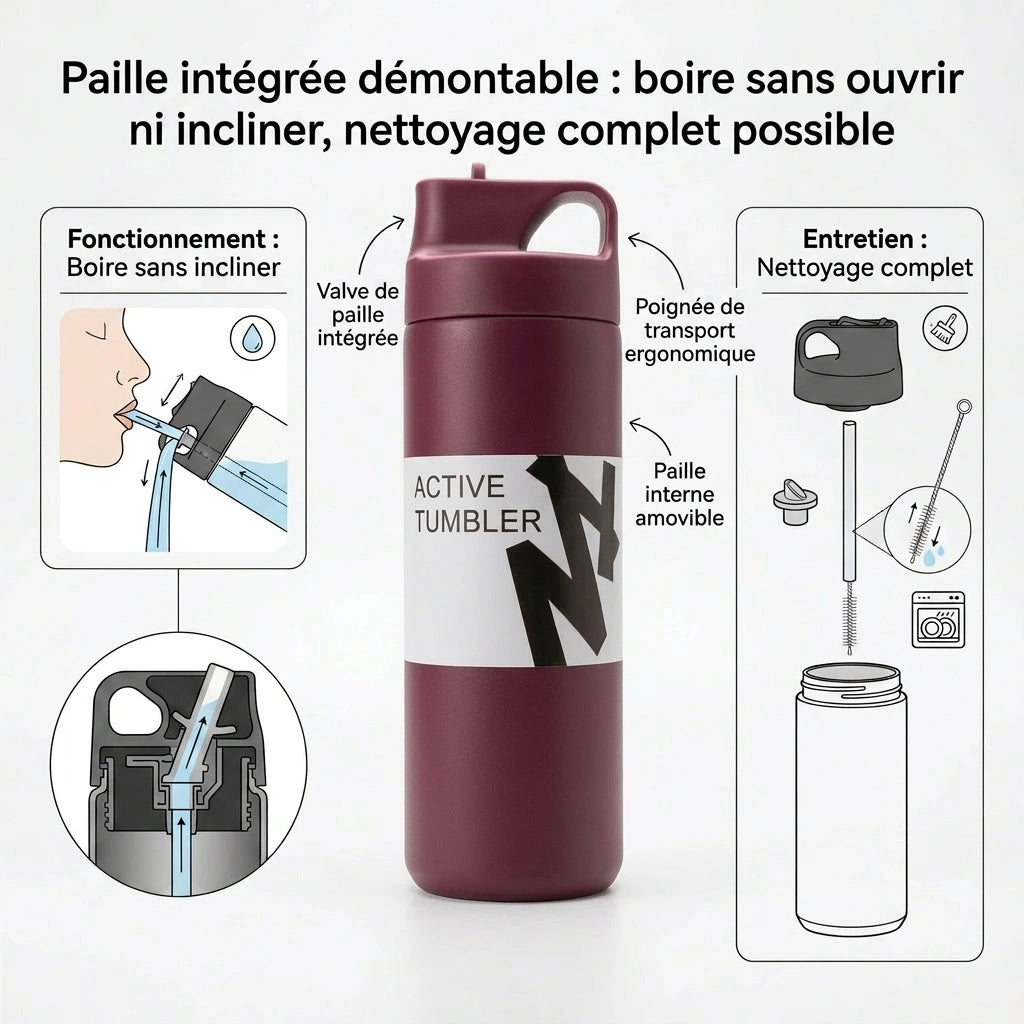 Gourde Thermos avec Paille Bordeaux