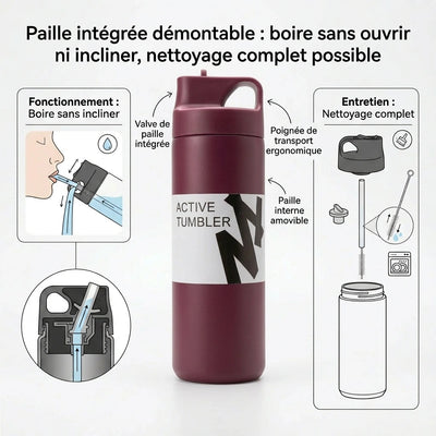 Gourde Thermos avec Paille Bordeaux