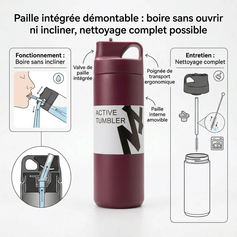 Gourde Thermos avec Paille Bordeaux