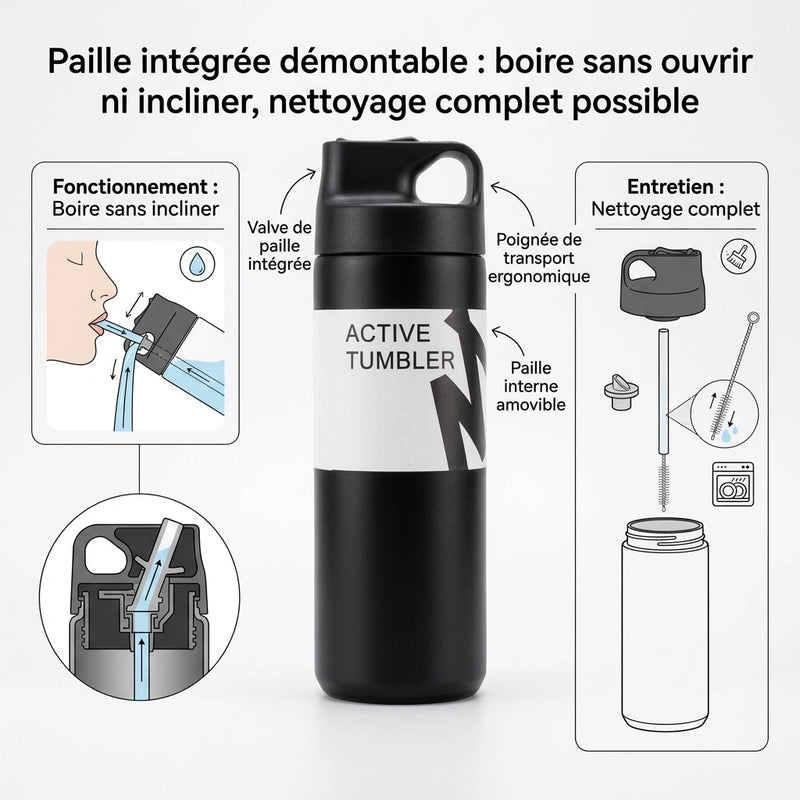 Infographie gourde Active Tumbler expliquant le système de paille intégrée amovible et le nettoyage facile.