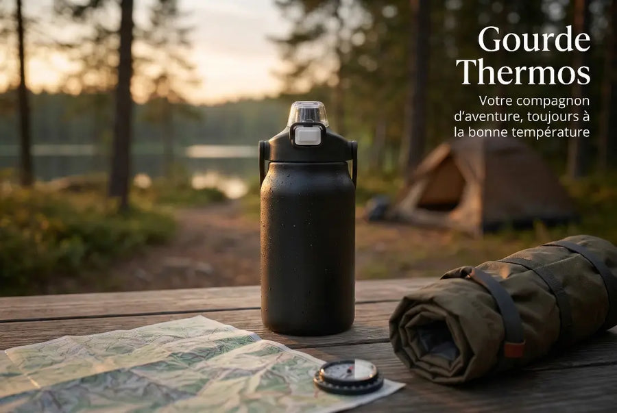 Gourde Thermos noire avec bouchon sport sur une table de camping, texte : Gourde Thermos - Votre compagnon d'aventure, toujours à la bonne température.