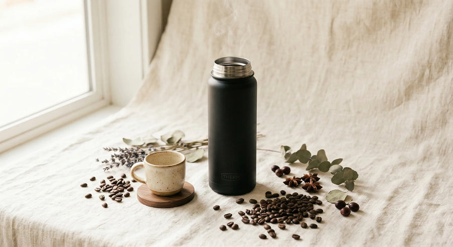 Thermos inox noir posé sur une table avec une tasse et des grains de café