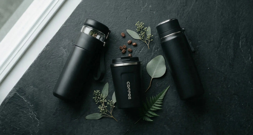 Trois thermos inox noirs sur fond ardoise sombre, grains de café et feuilles vertes.