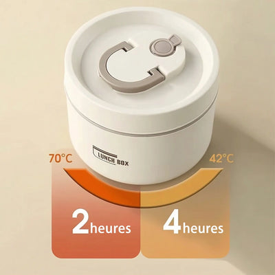 Lunch box thermos beige à poignée grise vue de dessus, avec infographie thermique montrant une conservation de 70°C pendant 2 heures jusqu'à 42°C après 4 heures