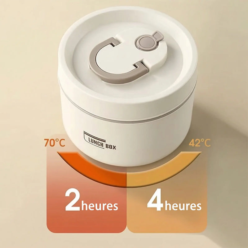 Lunch box thermos beige à poignée grise vue de dessus, avec infographie thermique montrant une conservation de 70°C pendant 2 heures jusqu'à 42°C après 4 heures