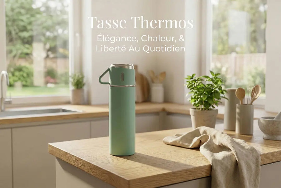 Tasse thermos vert sauge sur un plan de travail de cuisine avec le texte : Tasse Thermos - Élégance, Chaleur & Liberté Au Quotidien.