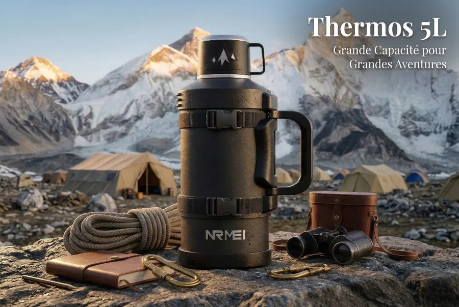 Thermos 5L noir NRMEI grande capacité pour expédition, texte : Thermos 5L - Grande Capacité pour Grandes Aventures, sur fond de camp de base en haute montagne.