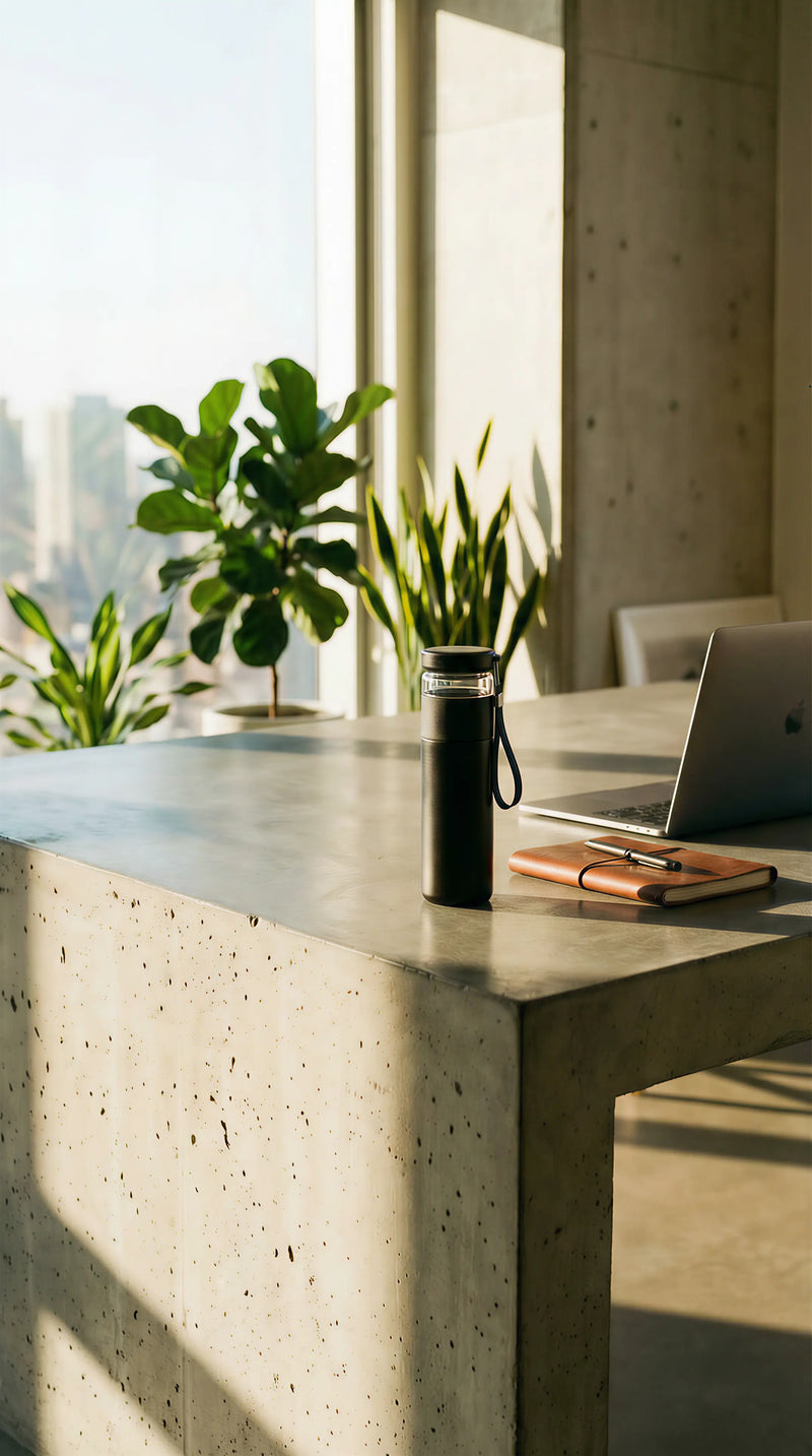 Thermos thé noir sur bureau minimaliste avec laptop et plantes vertes