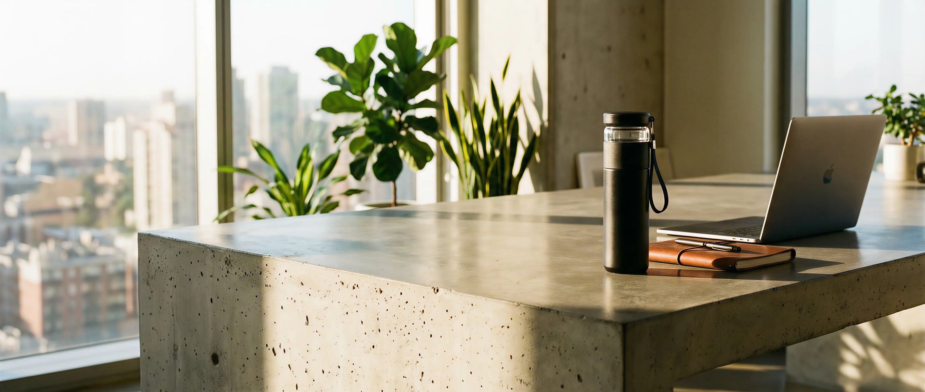 Thermos thé noir posé sur un bureau avec laptop et vue sur la ville