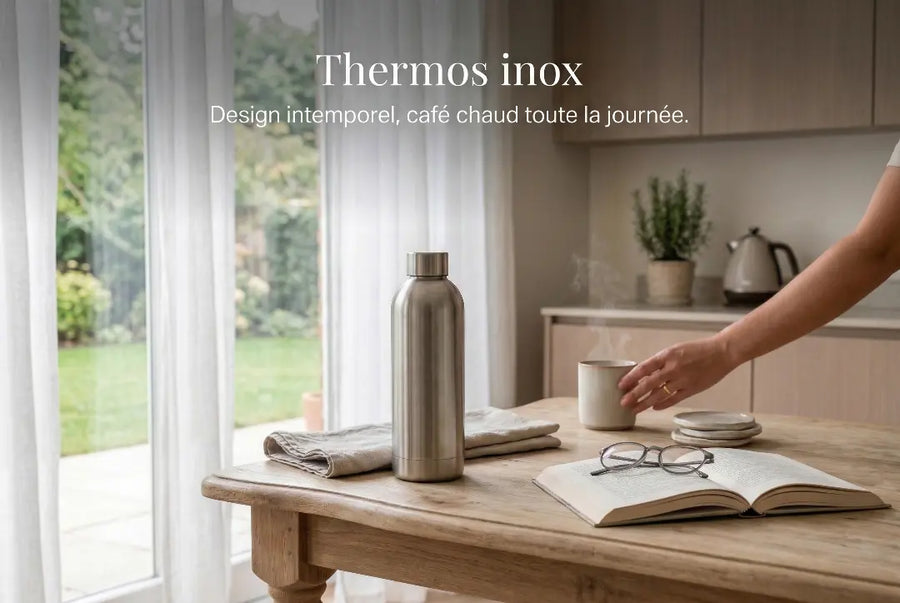 Bouteille isotherme en acier inoxydable sur une table en bois avec un livre, texte : Thermos inox - Design intemporel, café chaud toute la journée.