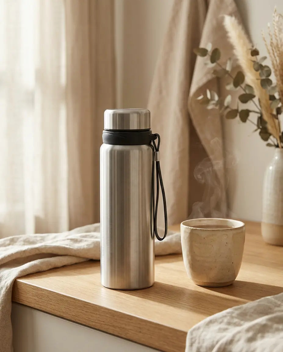 Bouteille thermos 1l gris avec anse posé sur une table en bois avec tasse en céramique et plantes séchées